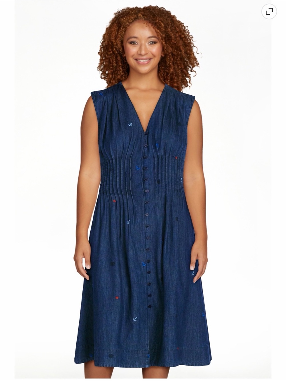 Sleeveless Navy Button-Front Midi Dress with Smocked Waist and Subtle Embroidery